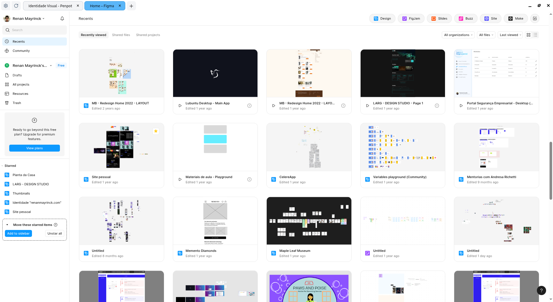Interface do dashboard de projetos do Figma