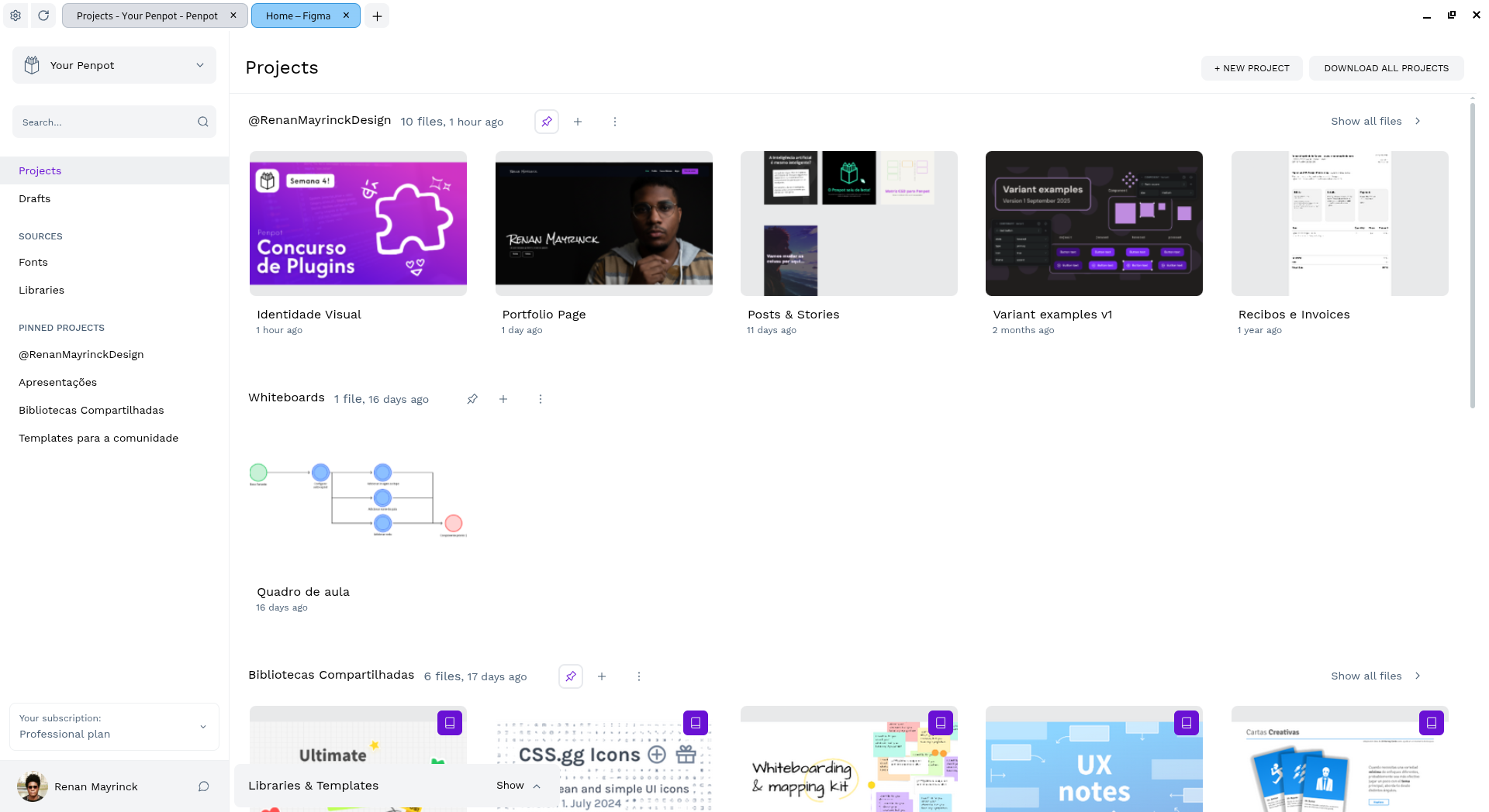 Interface do dashboard de projetos do Penpot