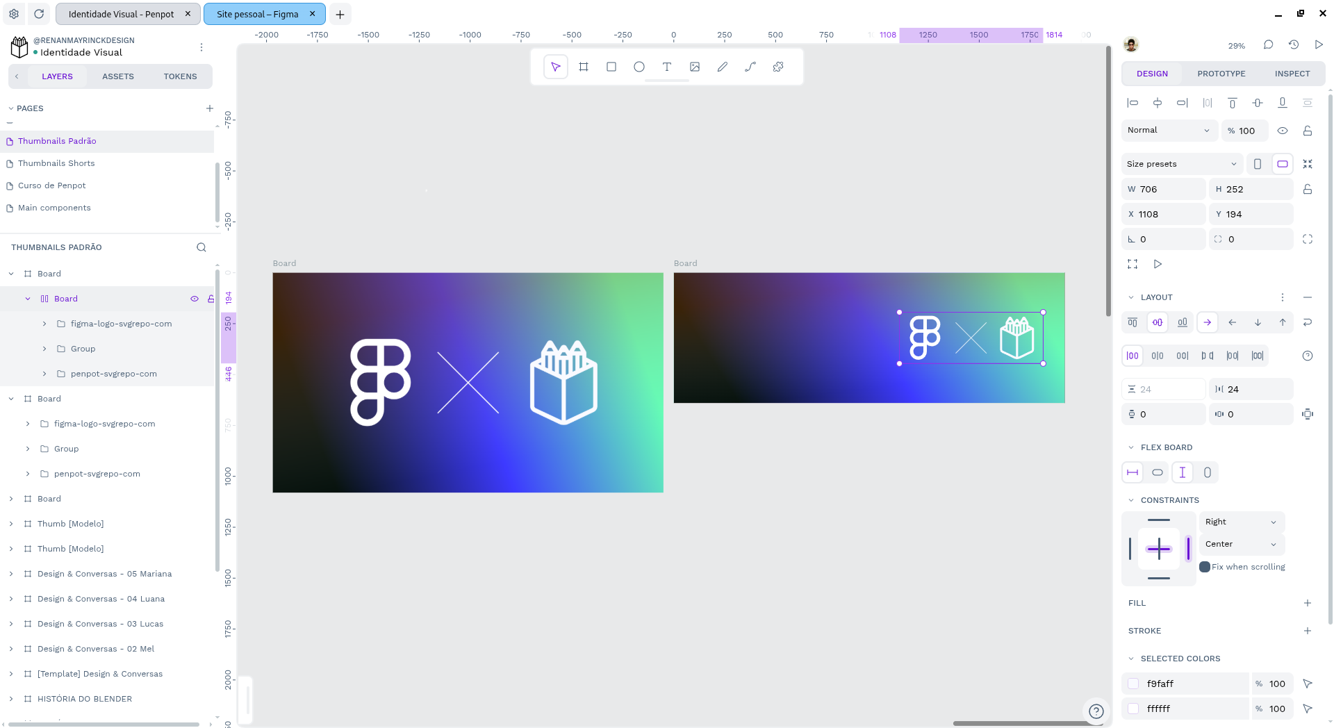 Interface do workspace do Penpot, mostrando o canvas e alguns elementos