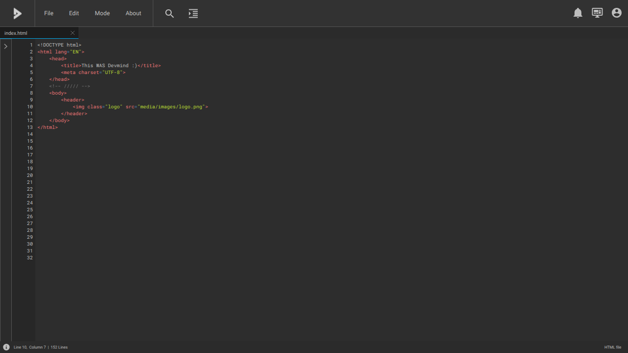A tela do editor de código Devmind.io