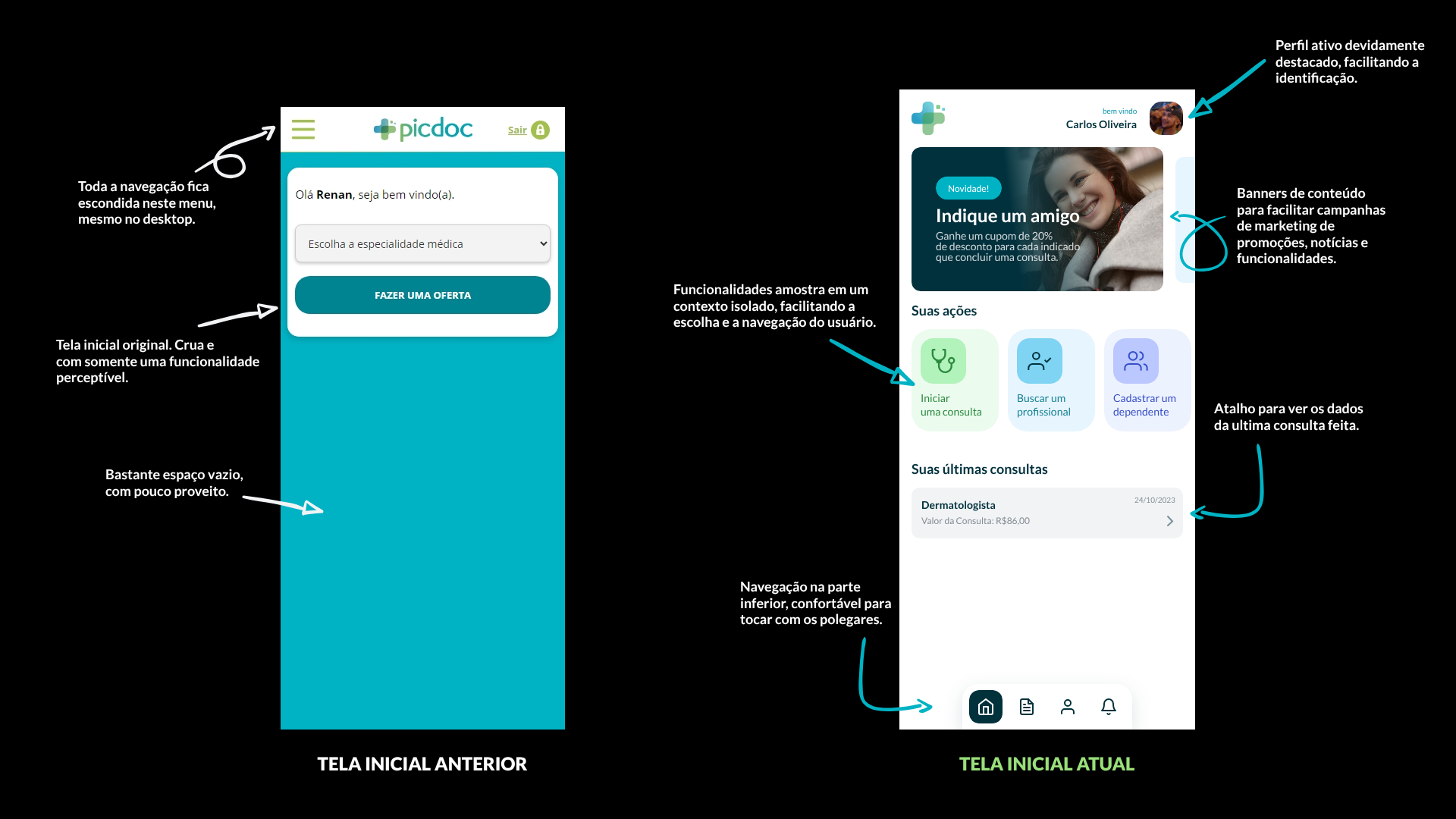 Comparação das telas iniciais, antiga e nova
